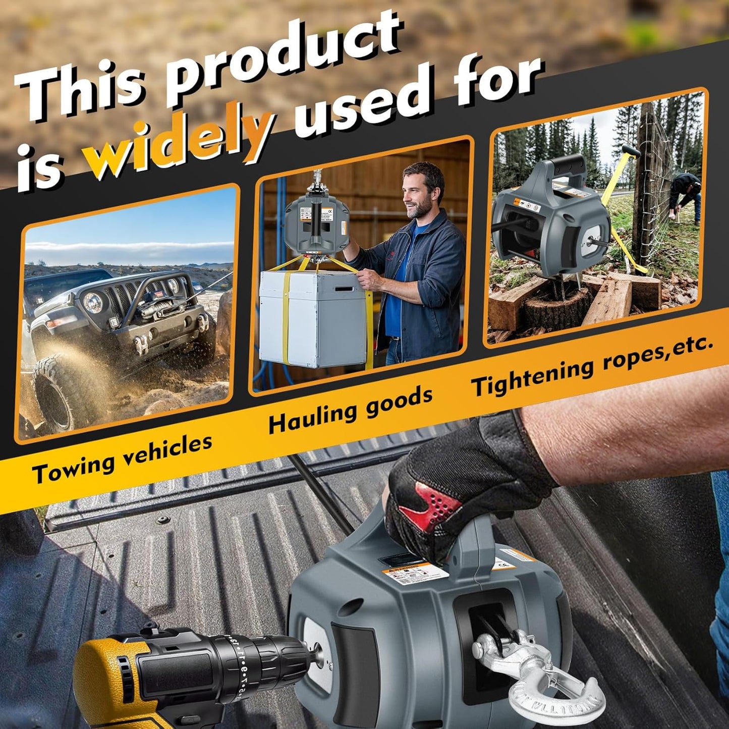 Portable Drill Winch of 1000 LB, Black Handheld Drill Winch with 40 Foot Synthetic Rope, Rotate The Hook 360 Degrees, for Lifting & Dragging