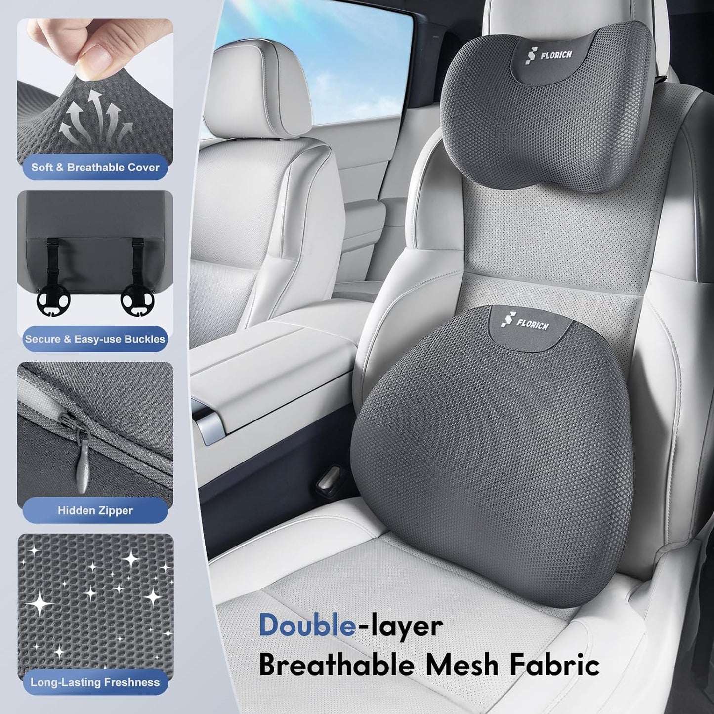 FLORICH Lumbar Support Pillow and Neck Pillow for Office Chair Car, Ergonomic Memory Foam Back Support for Office Gaming Chair Driving Seat Wheelchair, Relieves Neck, Back & Sciatica Pain – Grey