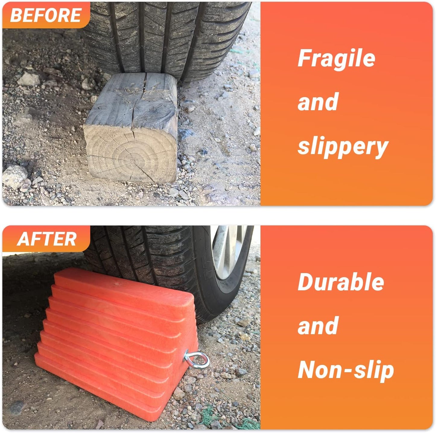 2 Packs Wheel Chocks Heavy Duty Orange with Eyebolt, Vehicle Chock for Travel Trailers, Camper, Truck, Car and ATV, 9.1" Length x 7.1" Width x 5.5" Height