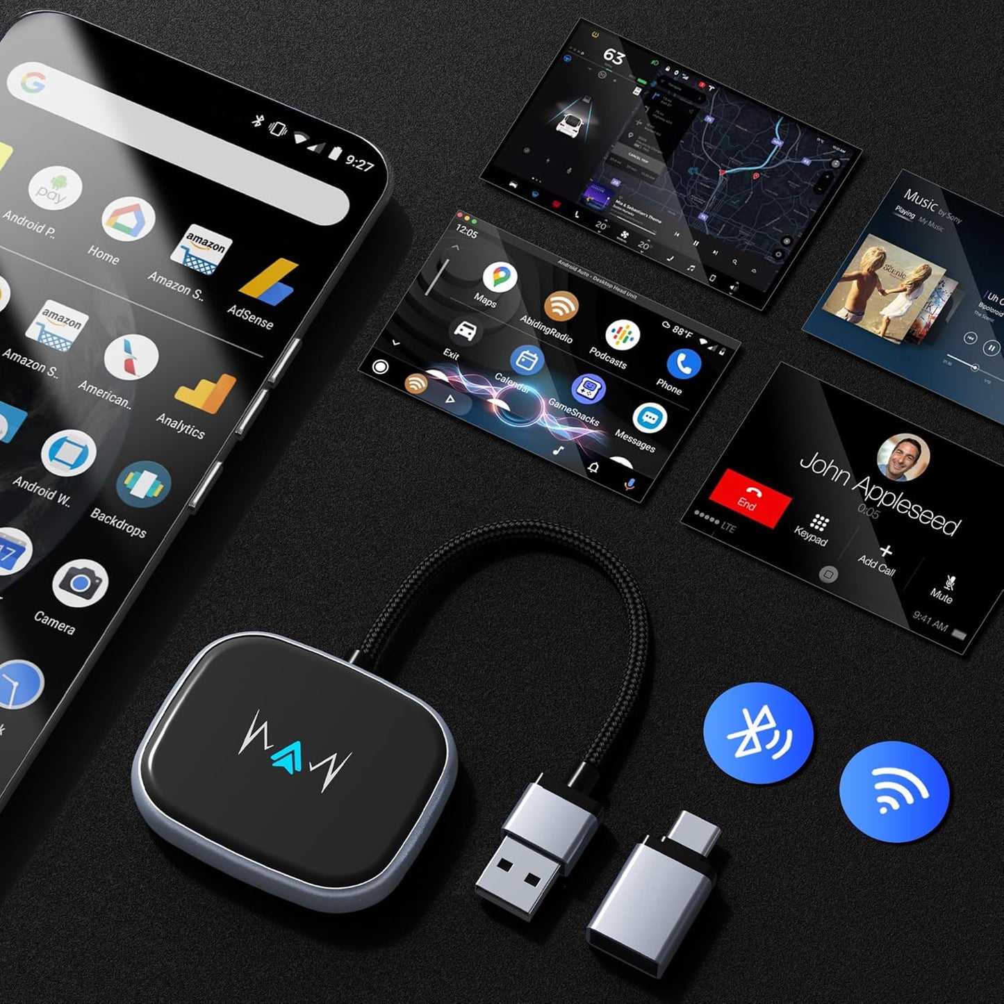 Wireless Android Auto Adapter, Wireless carplay Adapter, Latest NFC Touchscreen Connectivity, Wireless Plug-and-Play for Android Devices (Android 11 and Above)