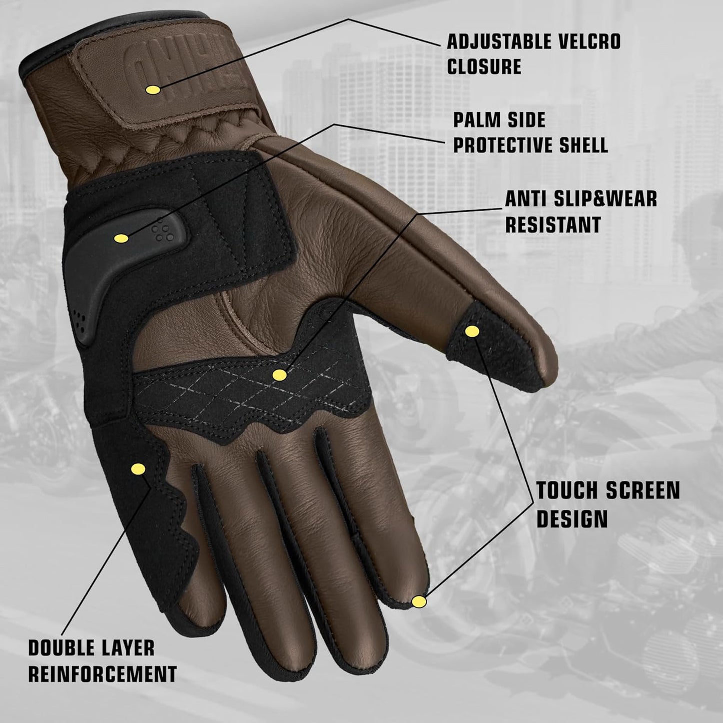 Leather Motorcycle Gloves for Men and Women | Touchscreen | Full Finger | Goatskin Leather Hard Knuckle Motorcycle Riding Gloves (Classic Brown, Small)