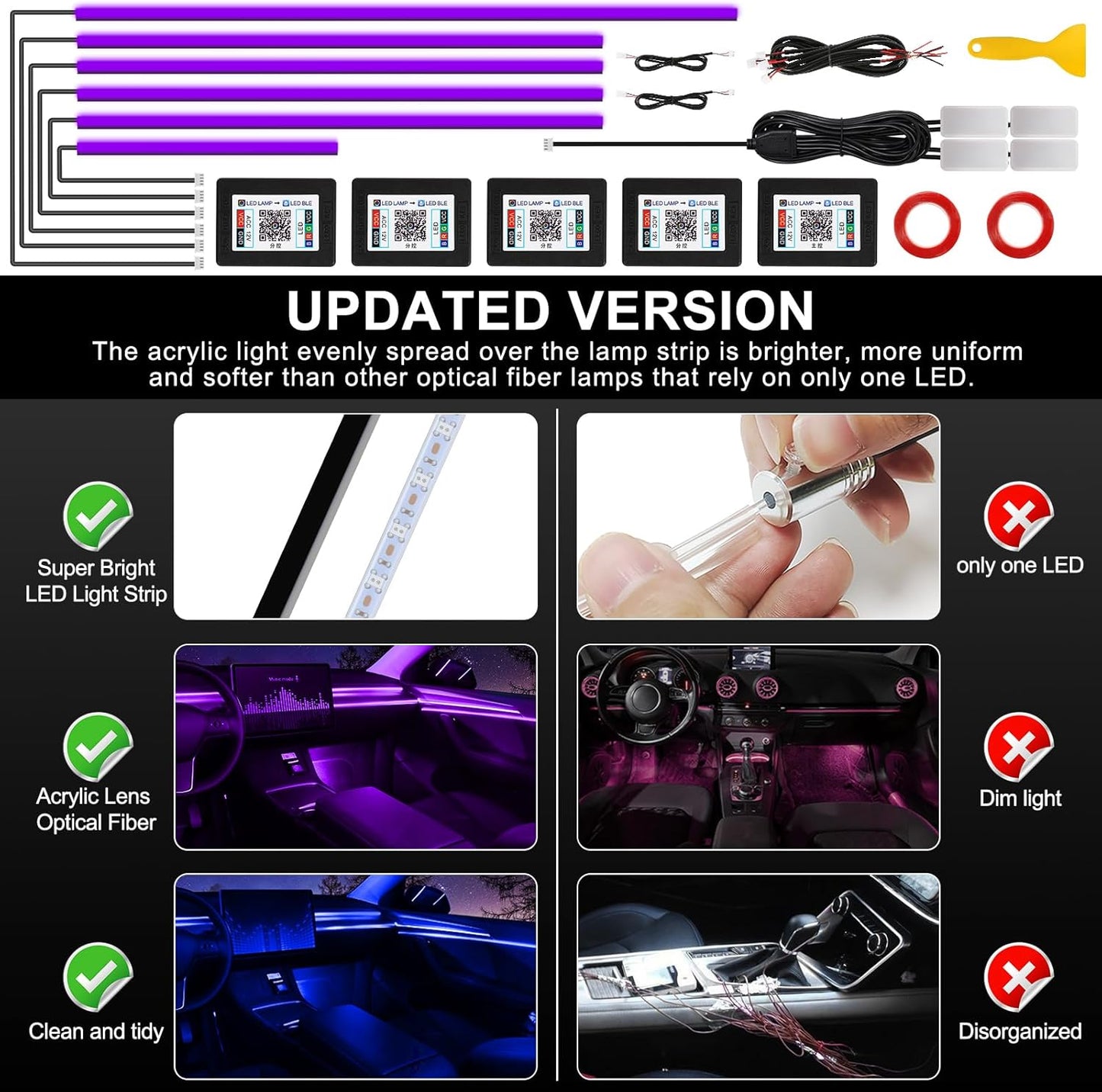 Acrylic Interior Car LED Strip Light with Wireless APP, 10 in 1 with 175 inches 593 LEDs Neon LED Strip Light, RGB Colors Dynamic Music Sync Car Ambient Lighting Kits