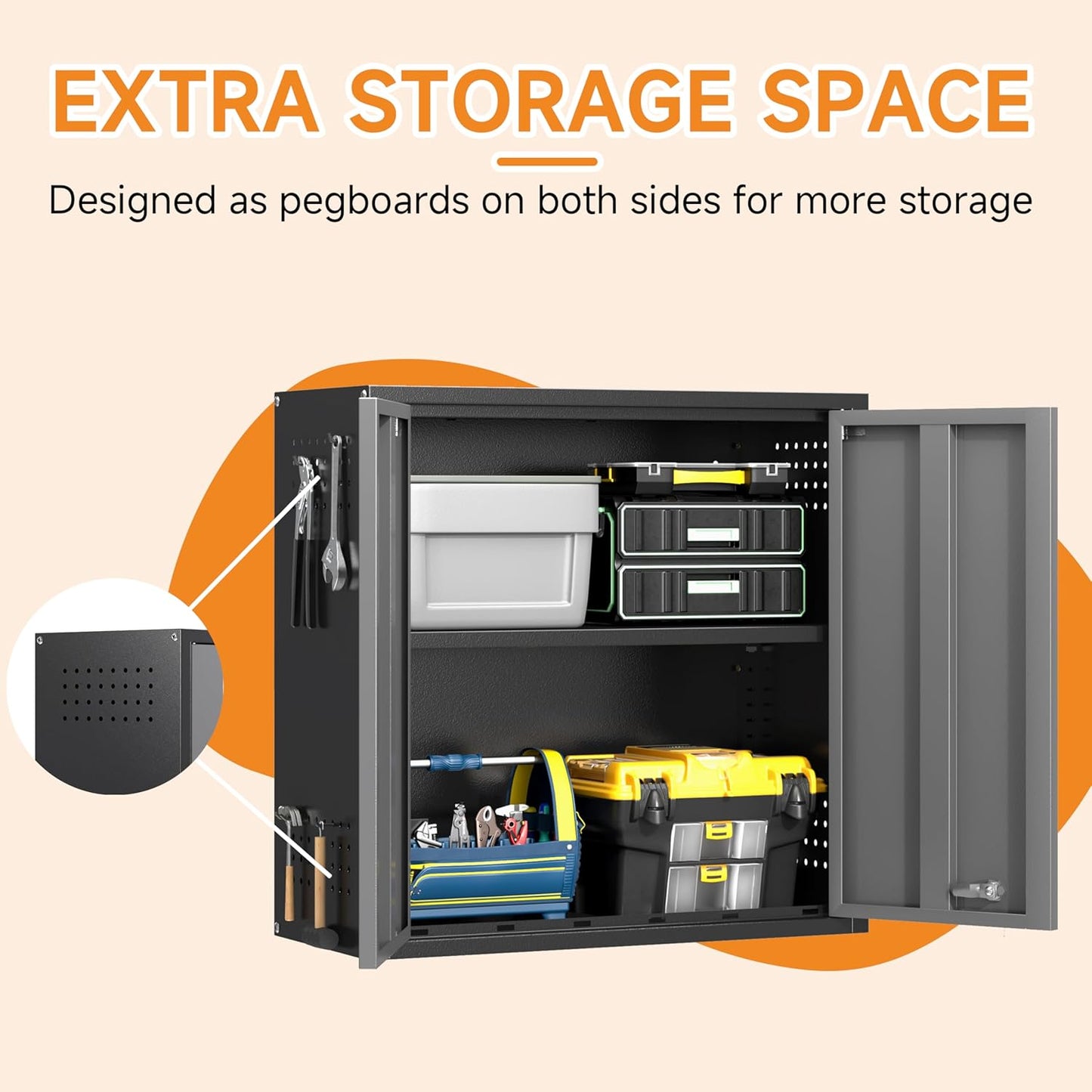 Metal Garage Wall Cabinet with 2 Doors and 1 Adjustable Shelf,Lockable Floating Tool Cabinet with Pegboard,Steel Storage Cabinet for Kitchen,Office,Garage,Laundry,Warehouse(Black&Gray, 26"H)