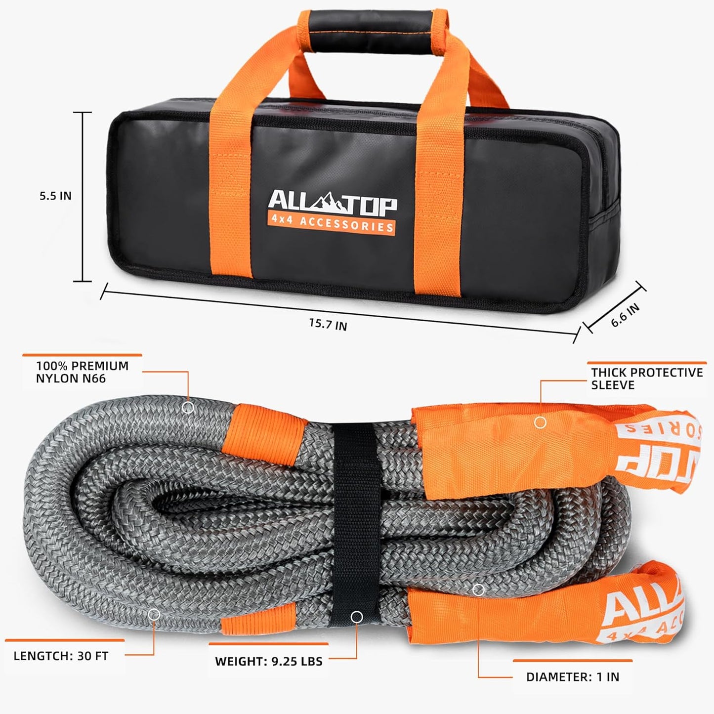 ALL-TOP Kinetic Recovery Rope, 48000Lbs, 1in x 30ft, Heavy Duty 30+% Elasticity, 16000Lbs Work Load Limit for 4x4 Offroad Vehicle