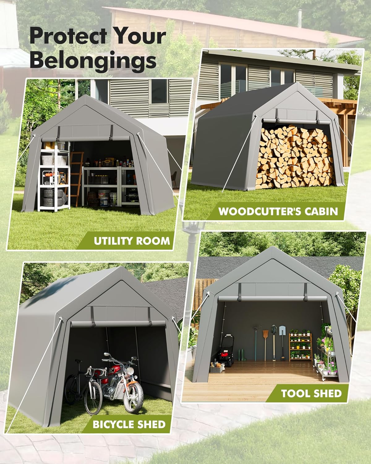 10 x 10 ft Carport Storage Shed, Portable Garage with Roll-up Zipper Door, Heavy Duty Waterproof Tarp, Storage for Motorcycle, Bike, Firewood, Garden Tools