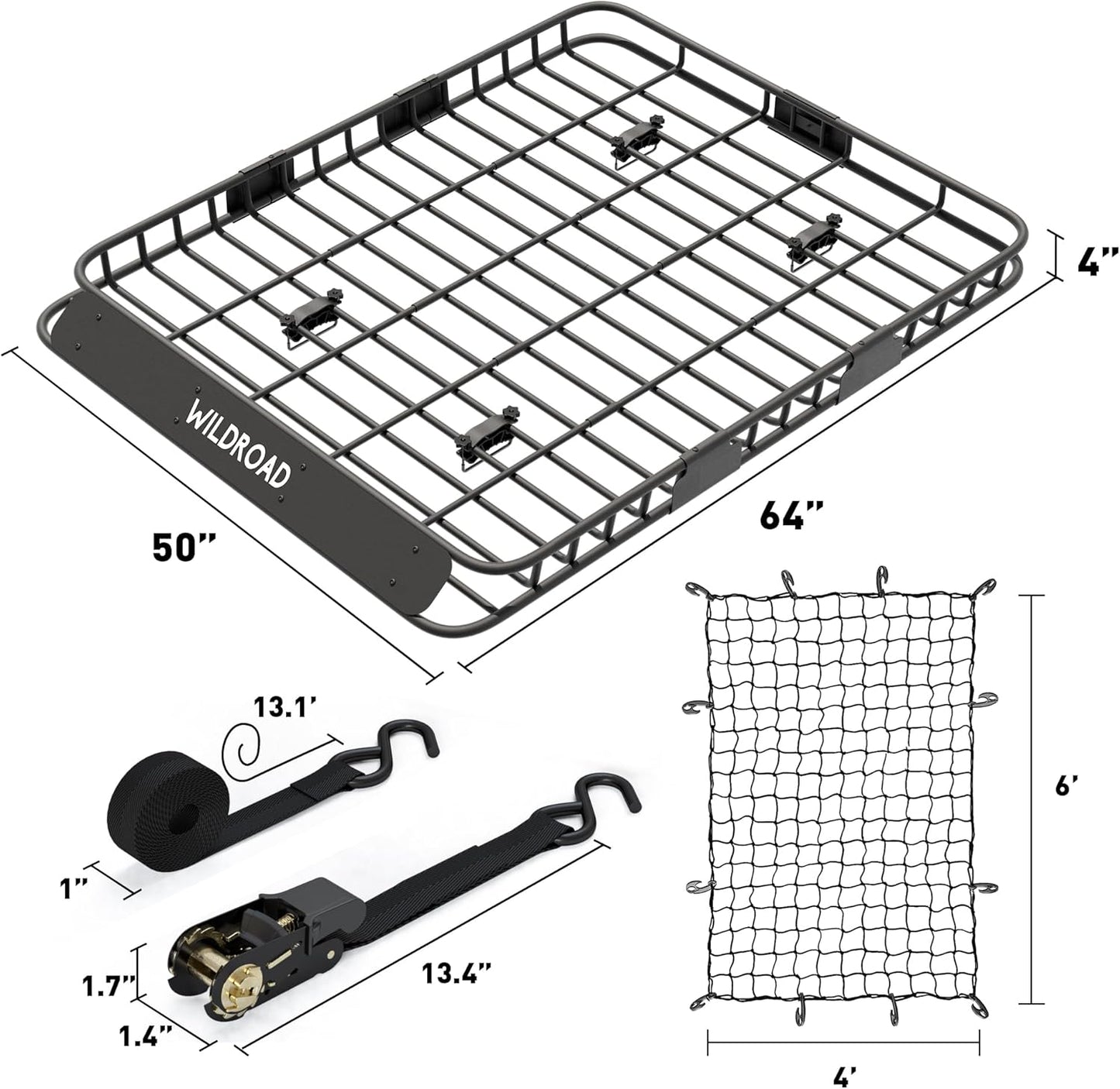Wildroad Roof Rack Cargo Basket, Upgraded 4” Fence Wide Car Roof Basket, 64"x 50"x 4" Universal Car Top Carrier Basket with Super Duty Bungee Cargo Net and Ratchet Straps Fits for SUV Truck Cars
