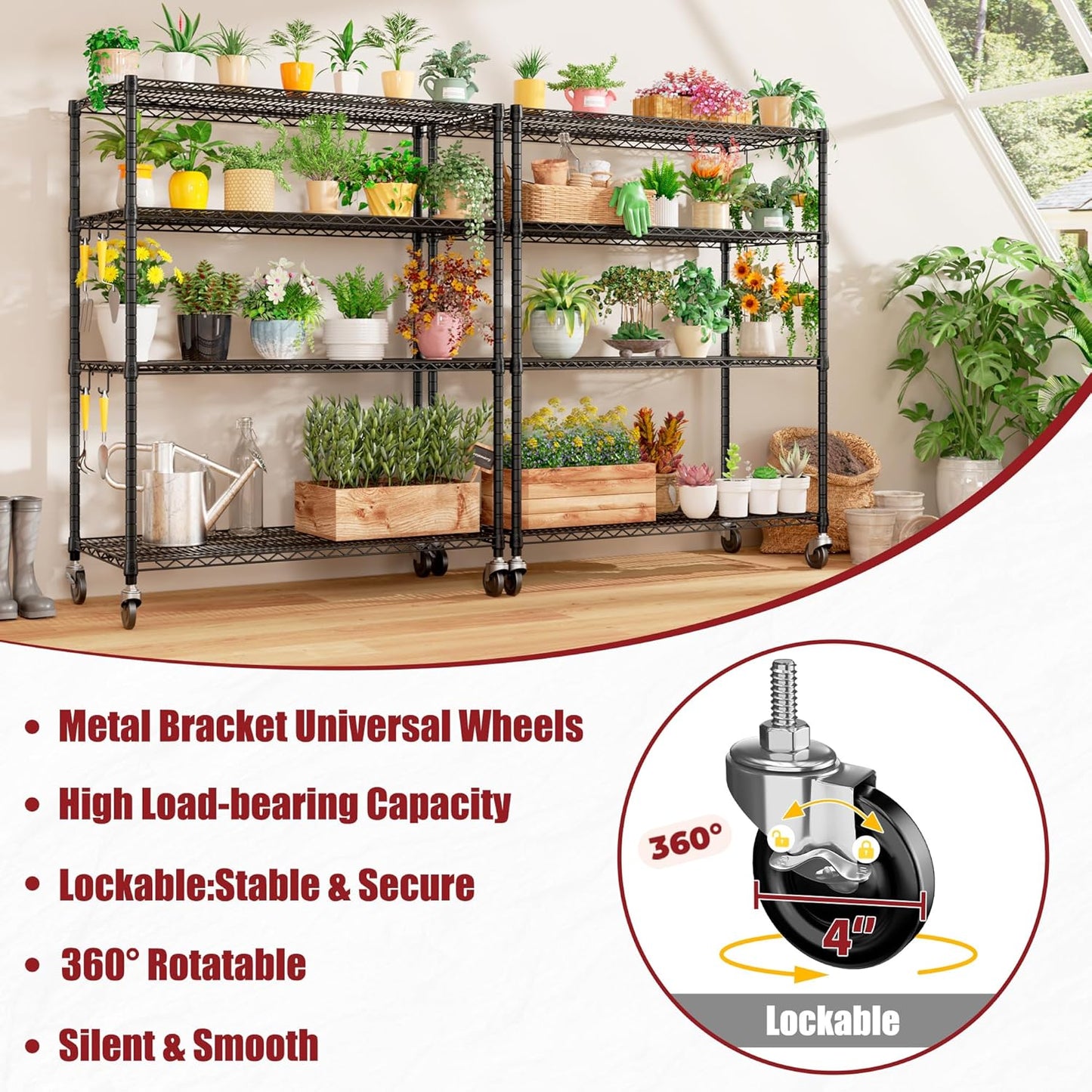 PrimeZone 4 Packs 55.5" W x 24" D x 80" H Heavy Duty Wire Storage Shelves with Wheels, 4 Tier Adjustable NSF Certified Garage Shelving Unit, Rolling Metal Organizer Shelf Rack for Warehouse, Pantry