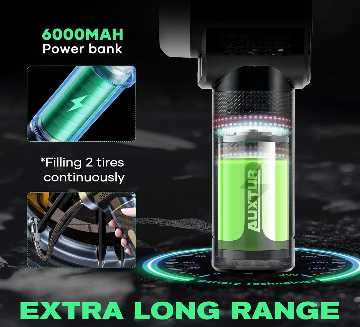 Vehicle Tire Inflator Portable Air Compressor & Inflator(150PSI),TYPE-C 6000mAH Car Tire Pump with Light, Digital Tire Pressure Gauge, Air Pump-Car Motorcycle Accessories