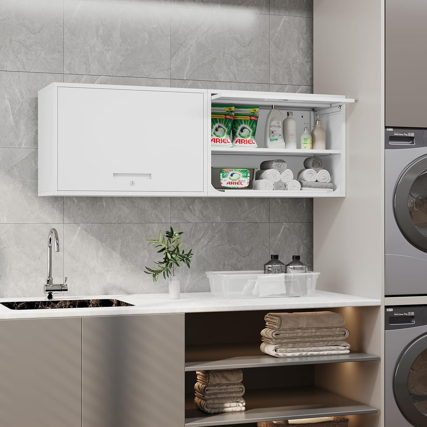 Metal Storage Cabinet White Wall Cabinets with Shelf and Locking Door - Wall Mounted Storage Cabinet for Garage Warehouse Home Office - Assembly Required