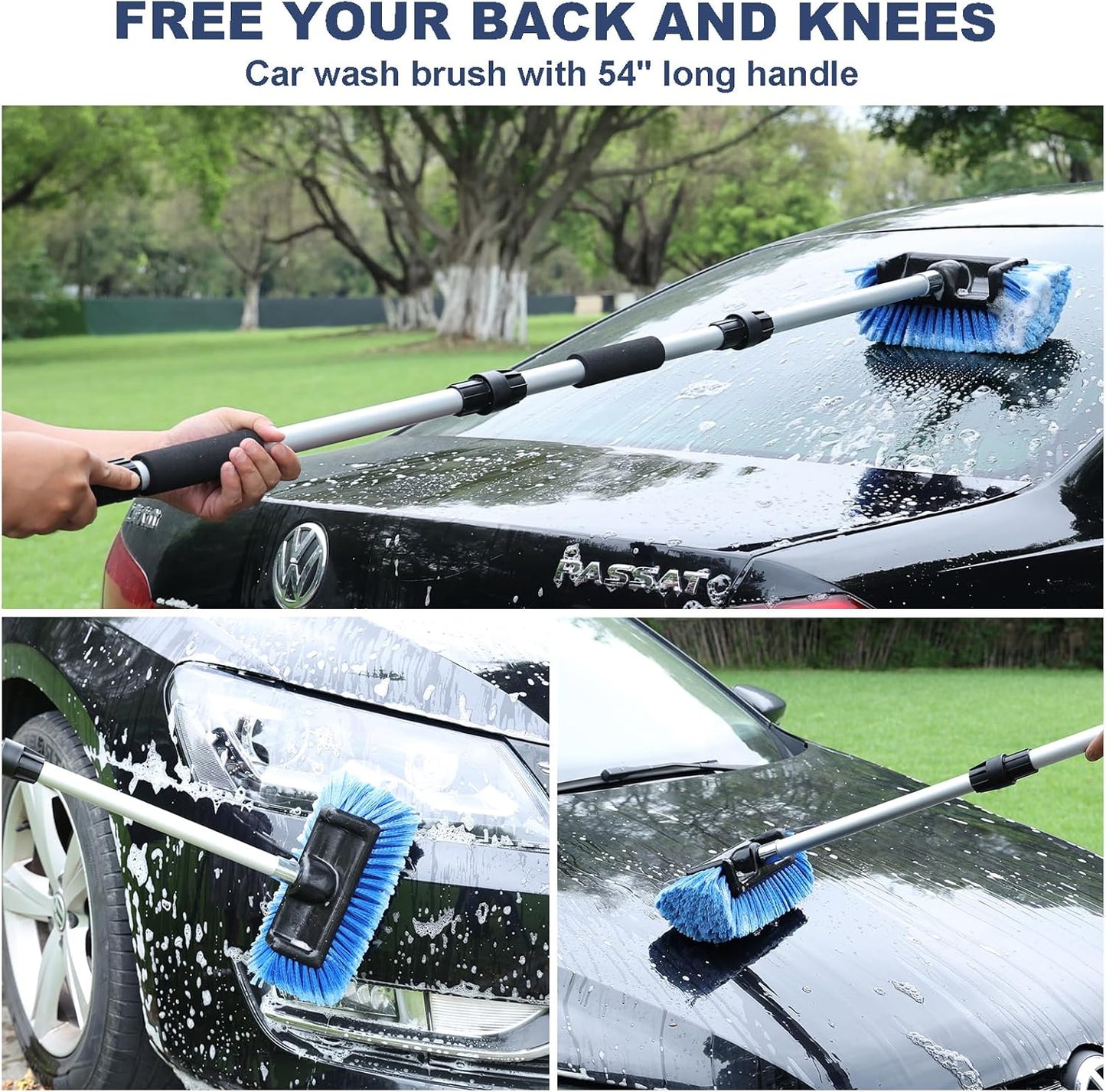 69" Car Wash Brush with Long Handle, Flow-Thru Soft Bristle Car Washing Brush with Extendable Handle and Hose Attachment for Car, RV, SUV, Truck, Boat, House Siding, Solar Panels, Blue