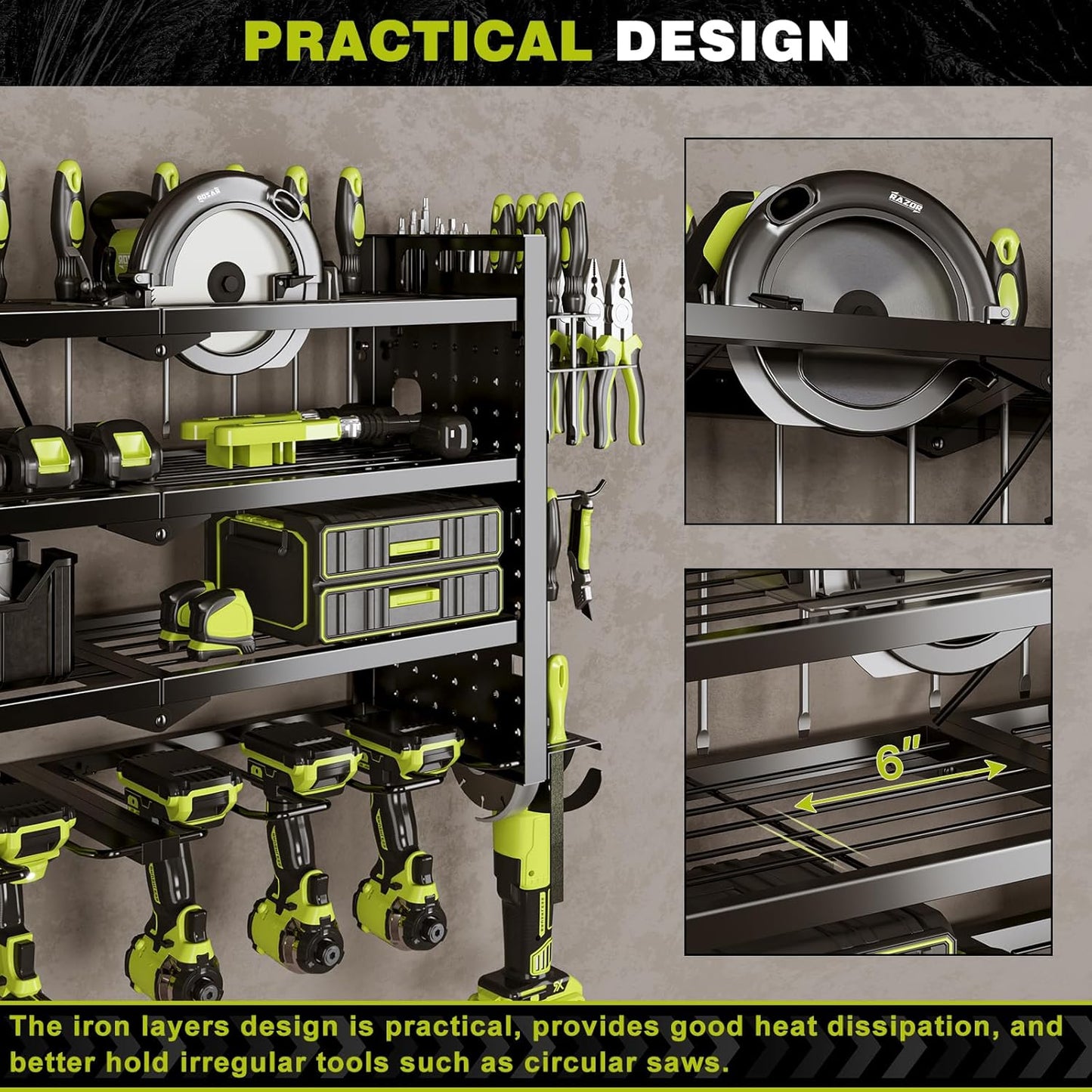 Power Tool Organizer Wall Mount with Charging Station 4 Layer 6 Slot Cordless Drill Holder with Angle Grinder Holder (Black)