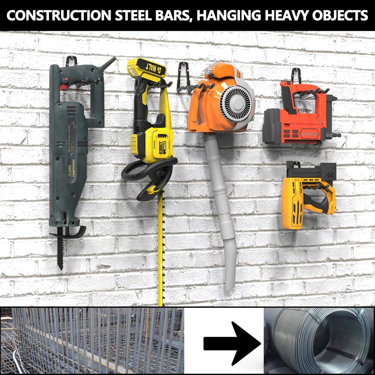 3-H Heavy Duty Garage Hooks 6 Pack, One-Piece Construction Garage Wall Hooks, Garage Hanger & Organizer Wall Mount for Ladders, Bikes, Chairs, WeedEaters, Shovels, Garden Tools (Black)