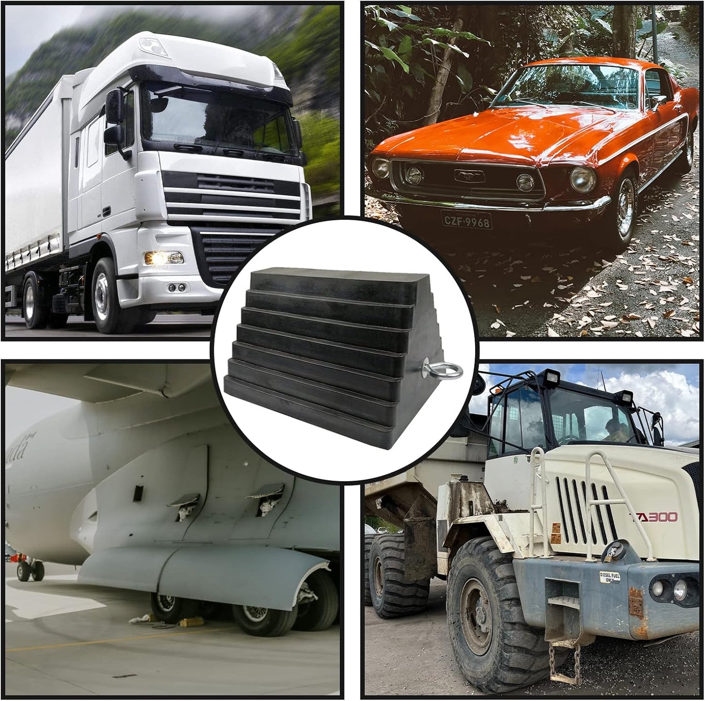 ROBLOCK 2 Pack Wheel Chocks Rubber Heavy Duty Black with Eyebolt, 9" Length x 7.1" Width x 5.5" Height, for Cars, RVs, Trucks, Trailers, and Vehicles, Anti-Slip Design Tire Chock for All Weather Use