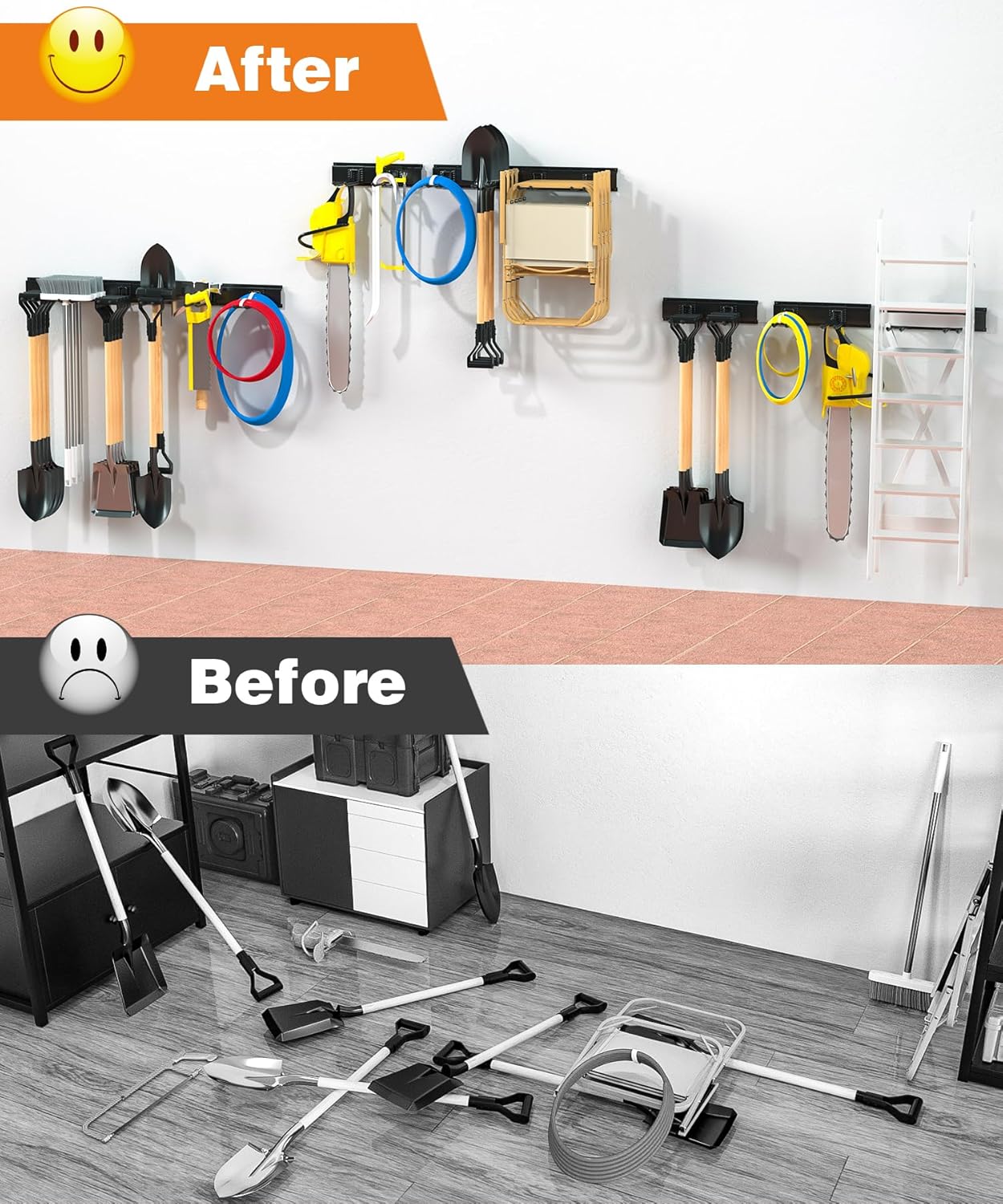 Garage Tool Organizer Wall Mount, 49.5 Inch Garage Organization and Storage Heavy Duty with 3 Packs Rails and 6 Adjustable Hooks, Garden Yard Tool Hanger Rack for Shovel, Max Load 600lbs