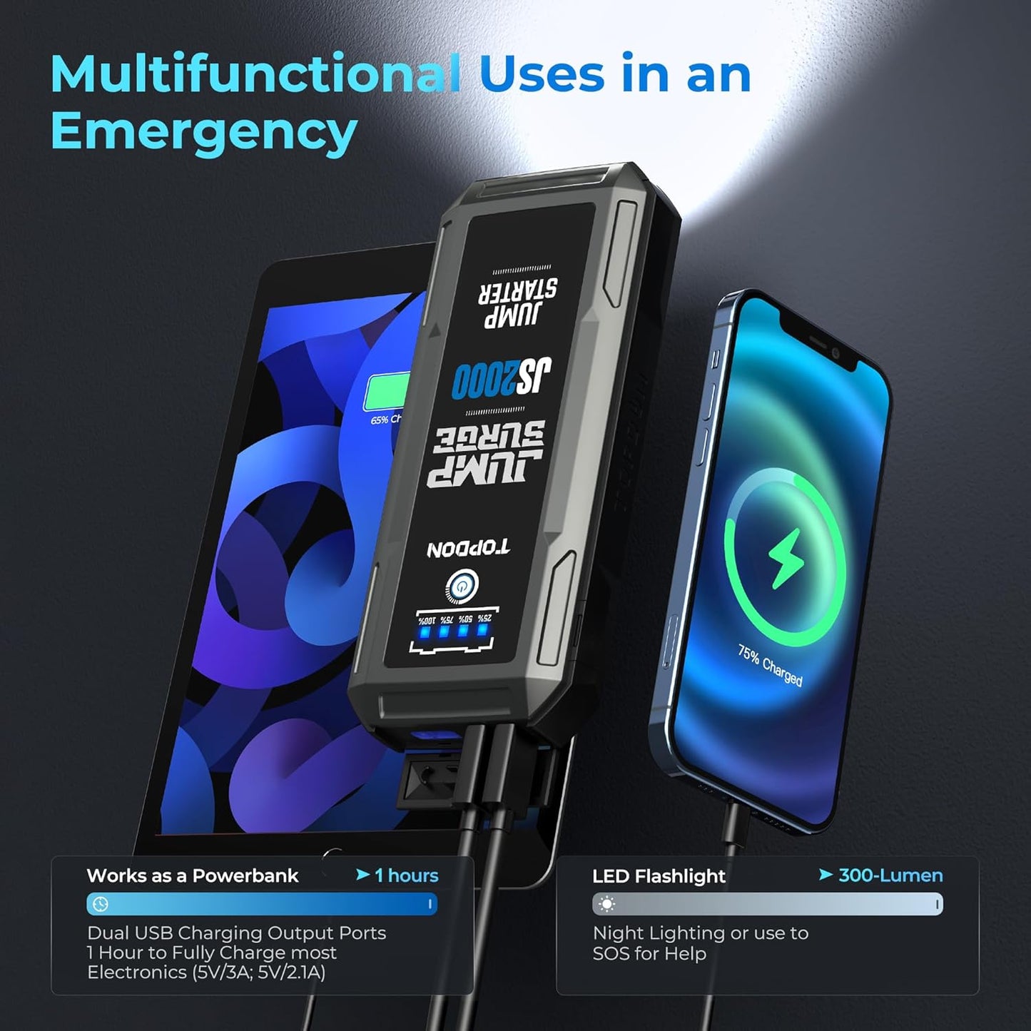 Car Battery Jump Starter, TOPDON 2000A Peak Jump Starter for Up to 8L Gas/6L Diesel Engines, 12V Portable Battery Booster Jump Starter Pack with Jumper Cables and EVA Protection Case