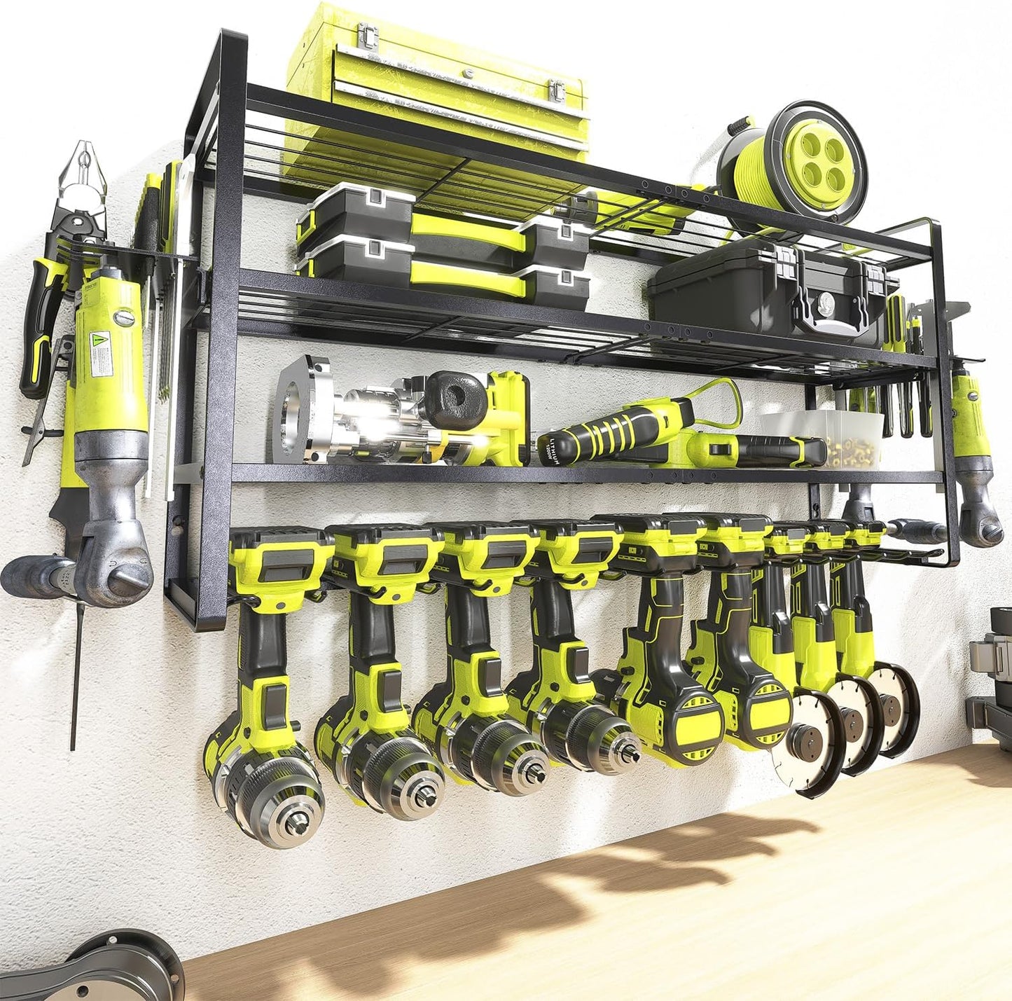 KAFAHOM Power Tool Organizer Wall Mount, 9 Drill Holders for Garage Organization,4 Layer Power Tool Rack,Tool Organizer and Storage with 2 New Accessories, Gifts Idea for Men/Dad/Husband