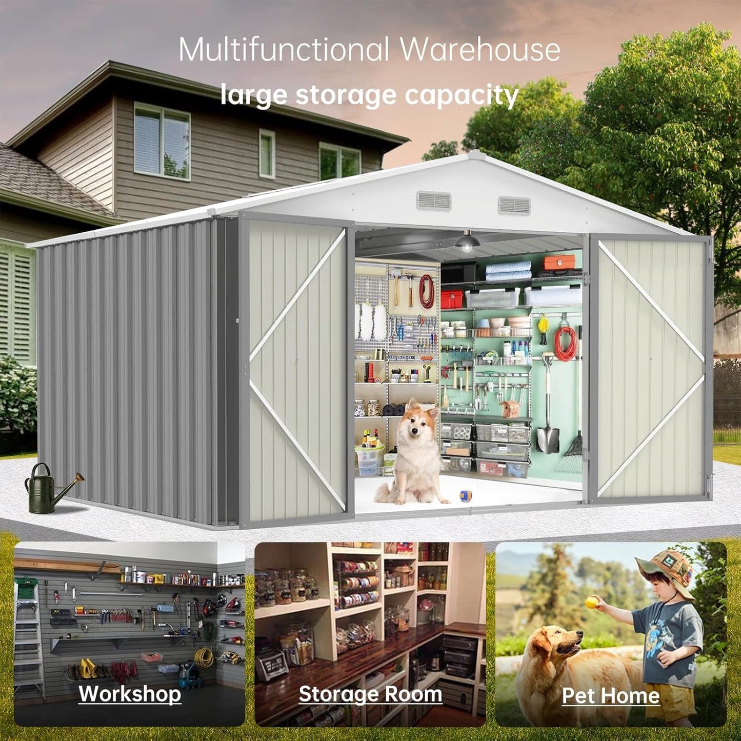 10X12FT Outdoor Metal Storage Shed, Lockable Weatherproof Garden Shed for Tools & Equipment, Durable Galvanized Steel with Sloping Roof & Ventilation, Ideal for Backyard, Patio & Garage Storage, Gray