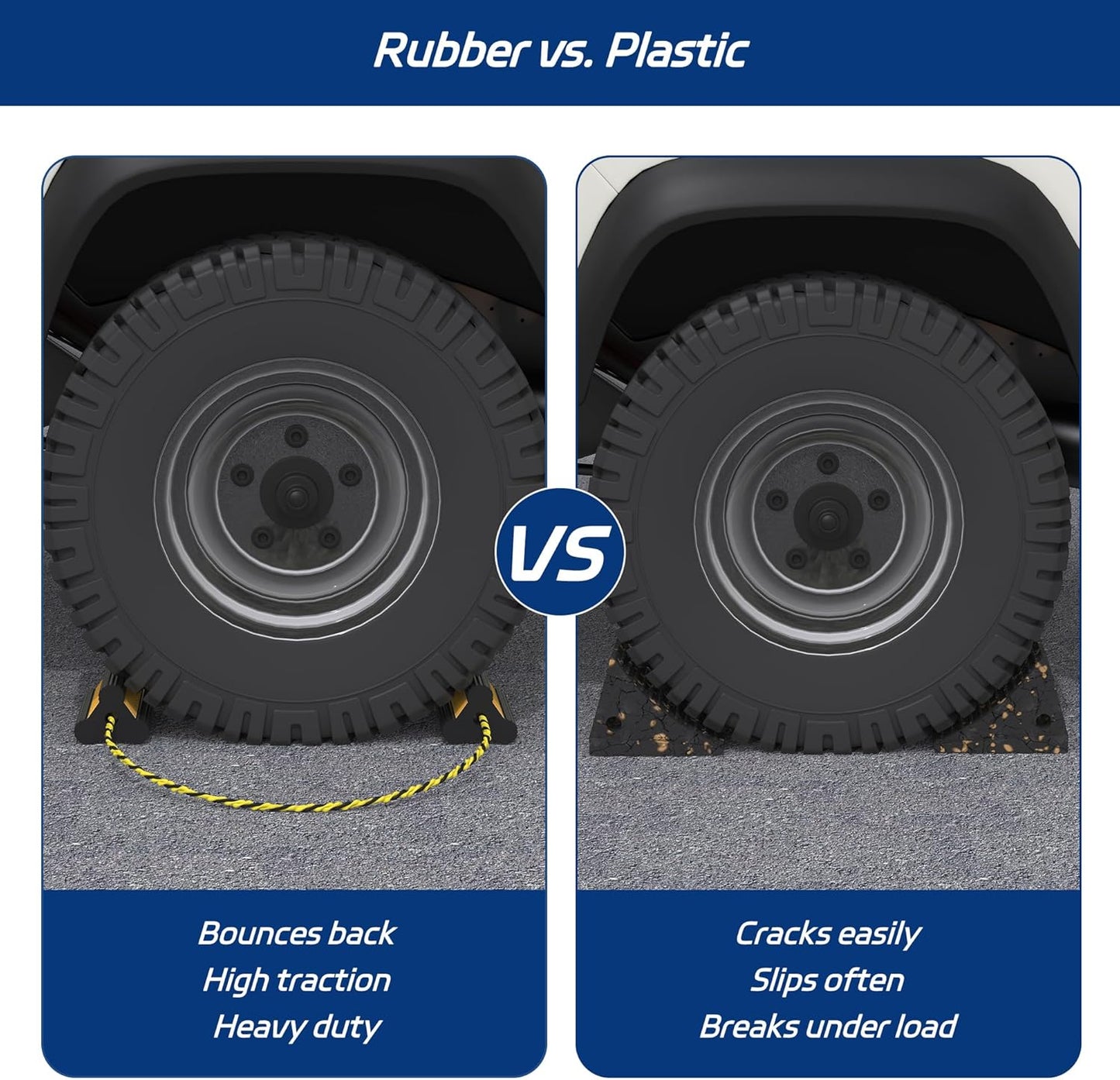 Heavy Duty Rubber Wheel Chock, Non-Slip Tire Stopper with Durable Nylon Rope, for Cars, Trucks, RVs, and Aircraft, 2 Pairs