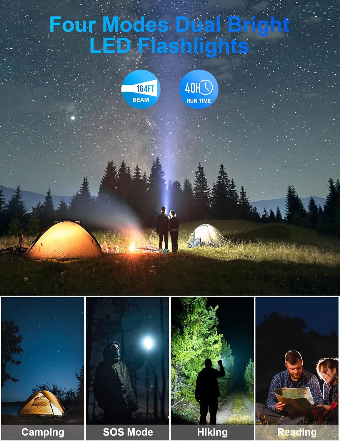 Solar Charger Power Bank, 40000mAh Portable Phone Charger Built in 4 Cables with USB C in/Output, PD 20W Fast Charging Portable Charger, External Battery Pack with Dual Bright Flashlights