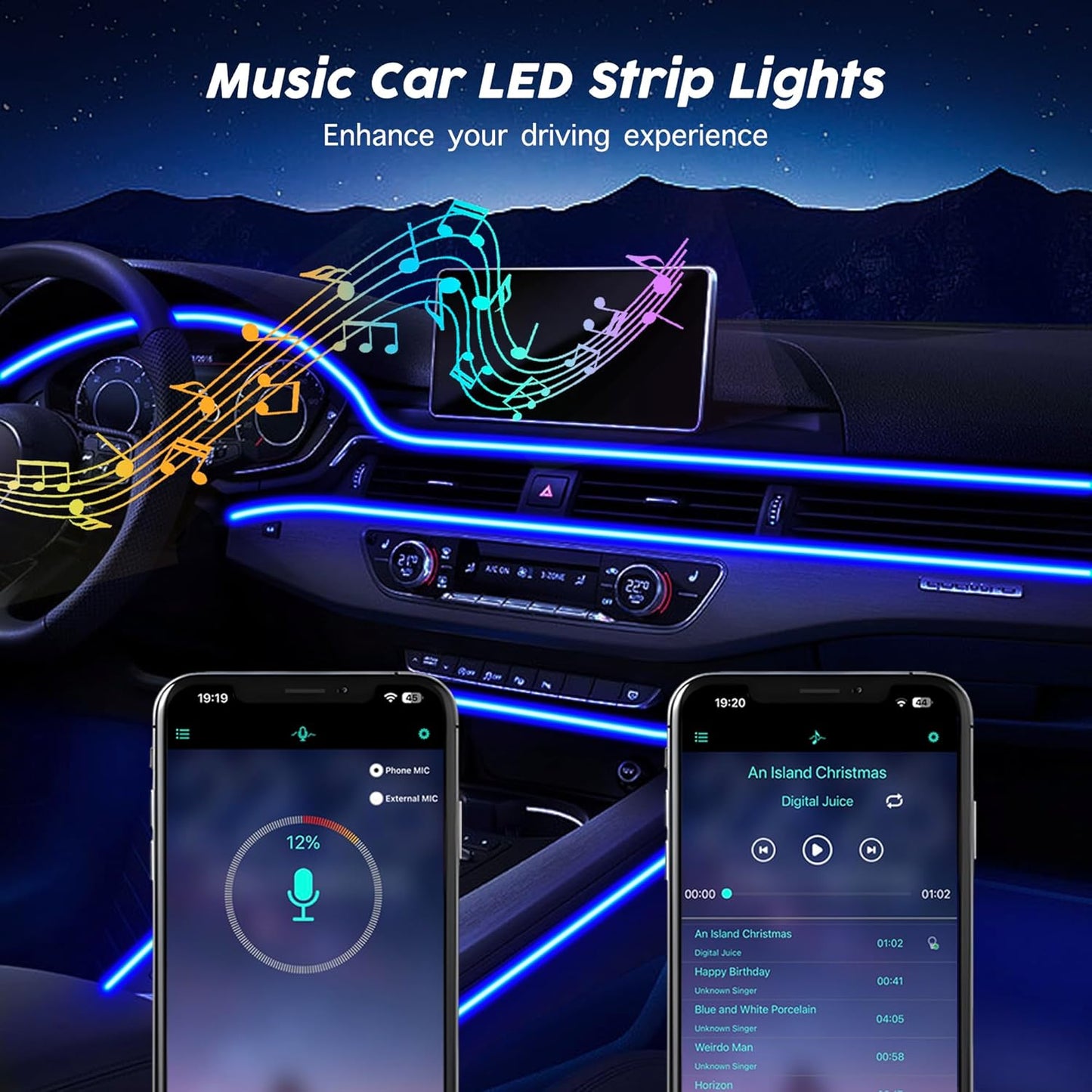 USB Car LED Lights, Interior Car Lights Strip with APP and RF Remote Control, 2 in 1 Ambient Lighting with 157 inches Fiber Optic Music Sync Simple Installation EL Wire Lights (2 in 1/157 inches)