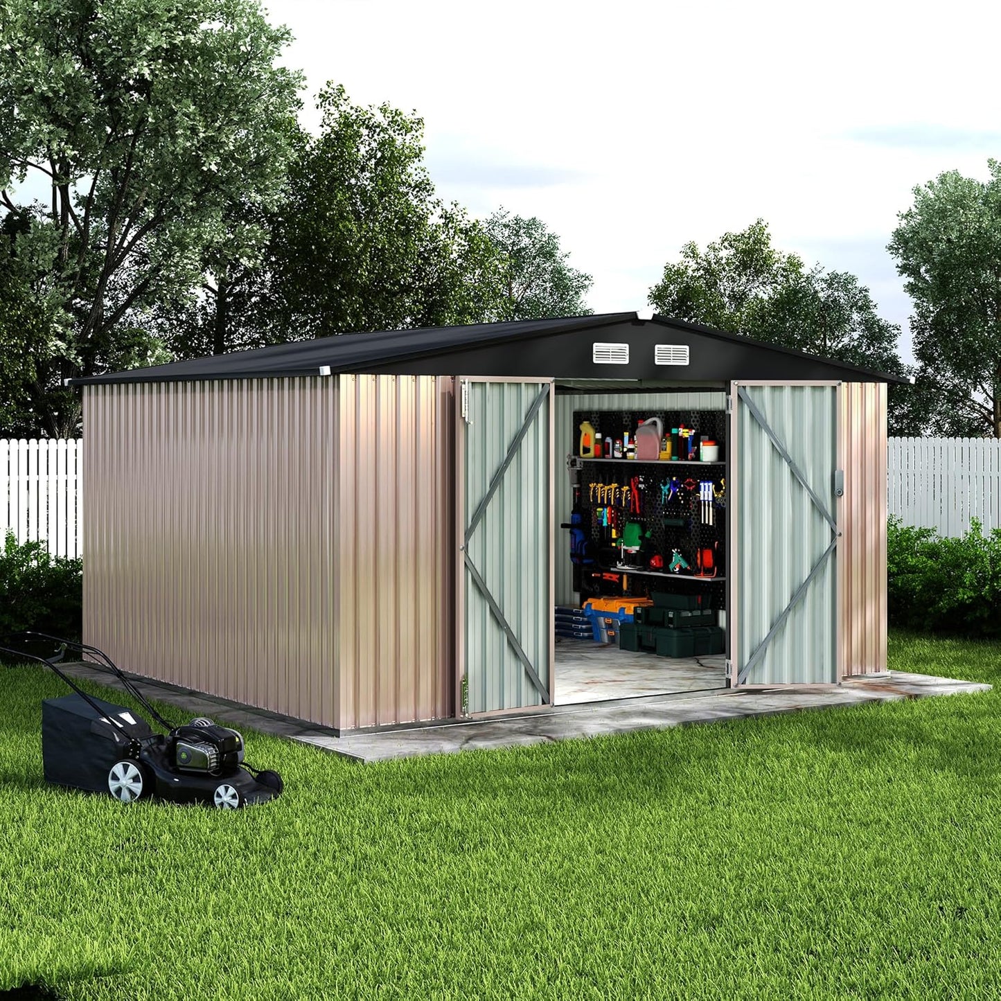 10X12FT Outdoor Metal Storage Shed, Lockable Weatherproof Garden Shed for Tools & Equipment, Durable Galvanized Steel with Sloping Roof & Ventilation, Ideal for Backyard, Patio & Garage Storage, Brown