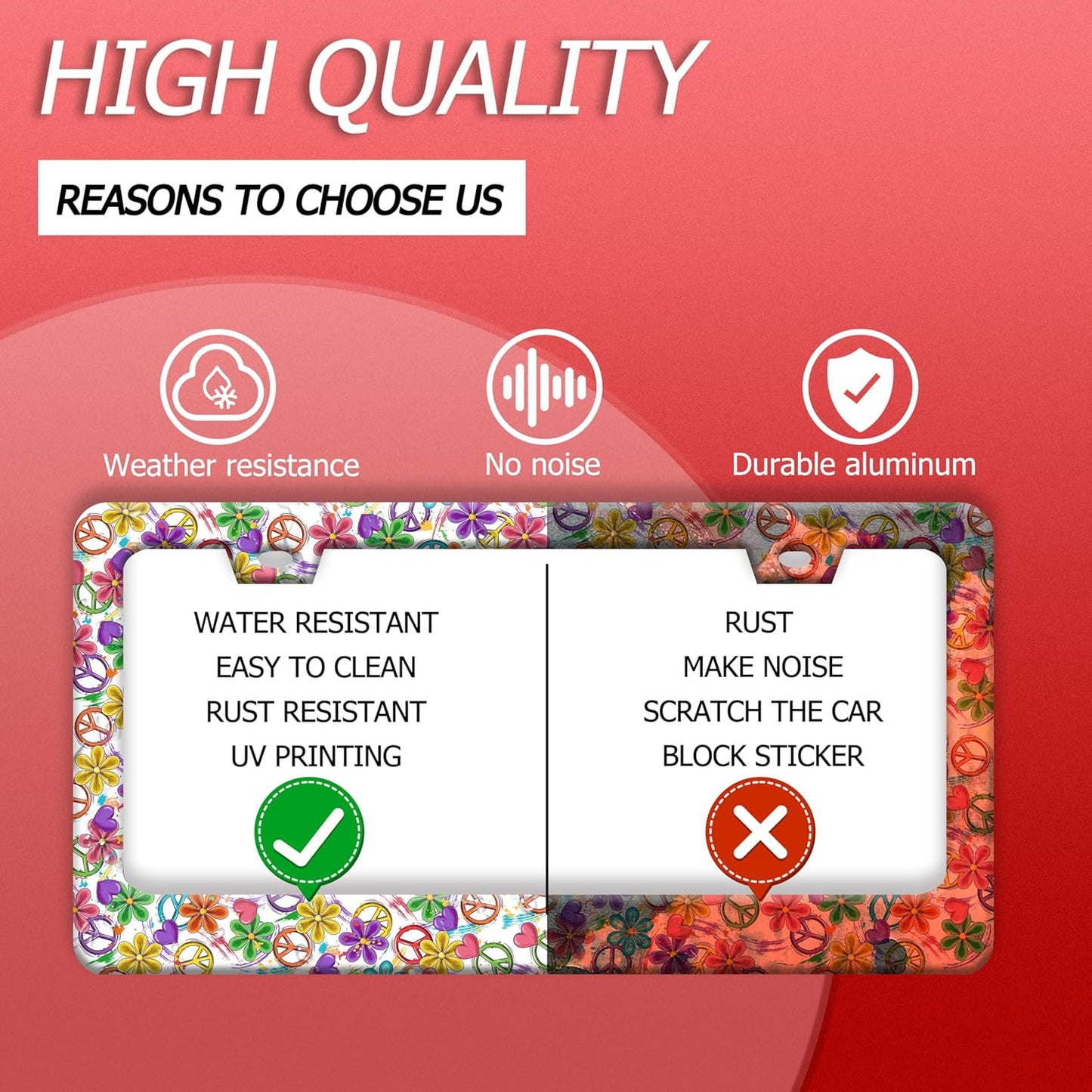 Peace Flower License Plate Frame Funny Colorful Floral License Plate Frames Stainless Steel Accessories Cars Decor With 2 Holes And Screws Fits Standard Us Ca Vehicles License Plate Holder 12.2 X 6 In