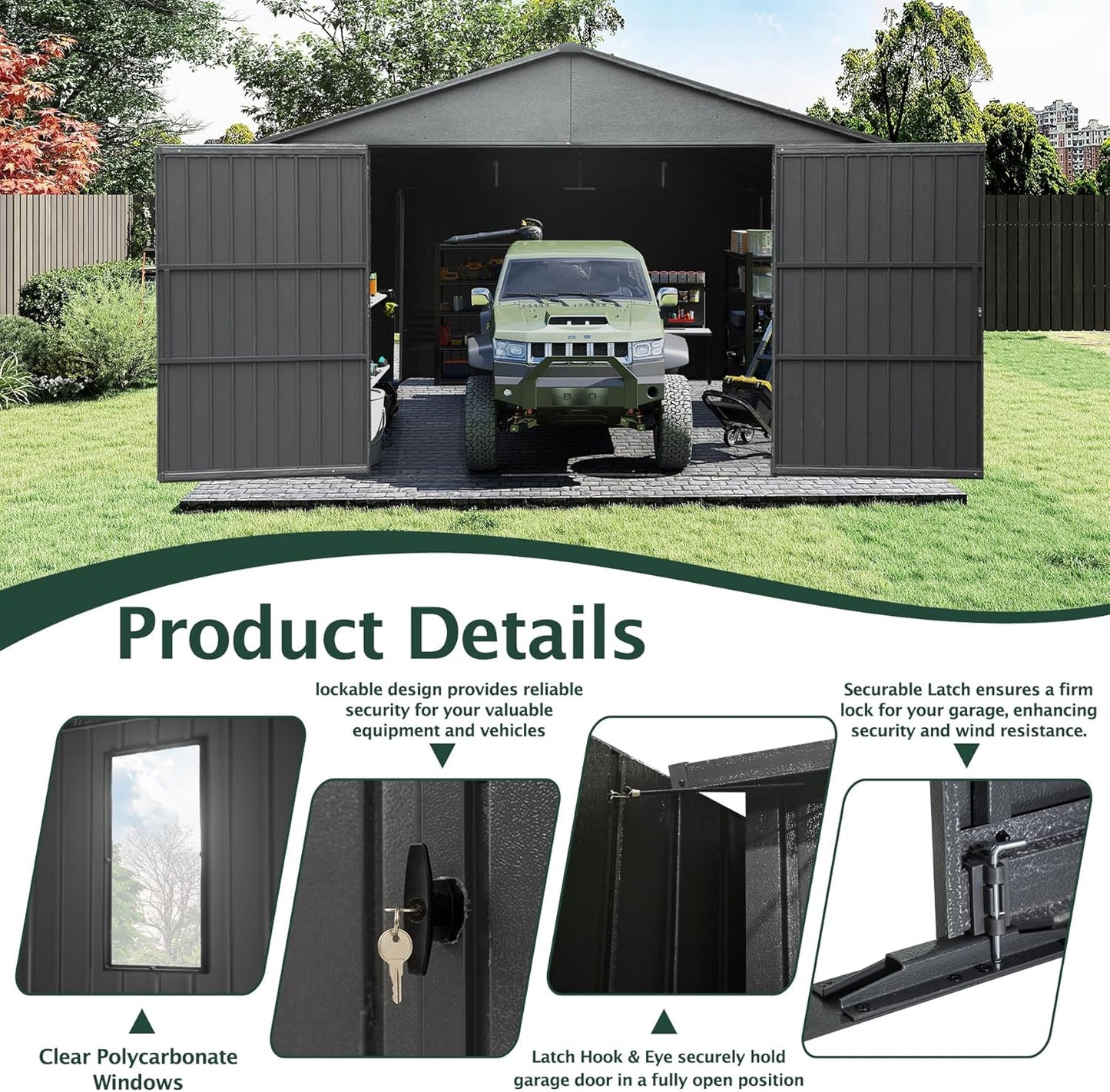Domi 12'x25' Outdoor Metal Garage Shed, Weatherproof Enclosed Carport with Sidewalls & 2 Lockable Doors, Extra Large Backyard Storage Shed for Car, Truck,Lawn Mower, 80MPH Wind Resistance, Dark Grey