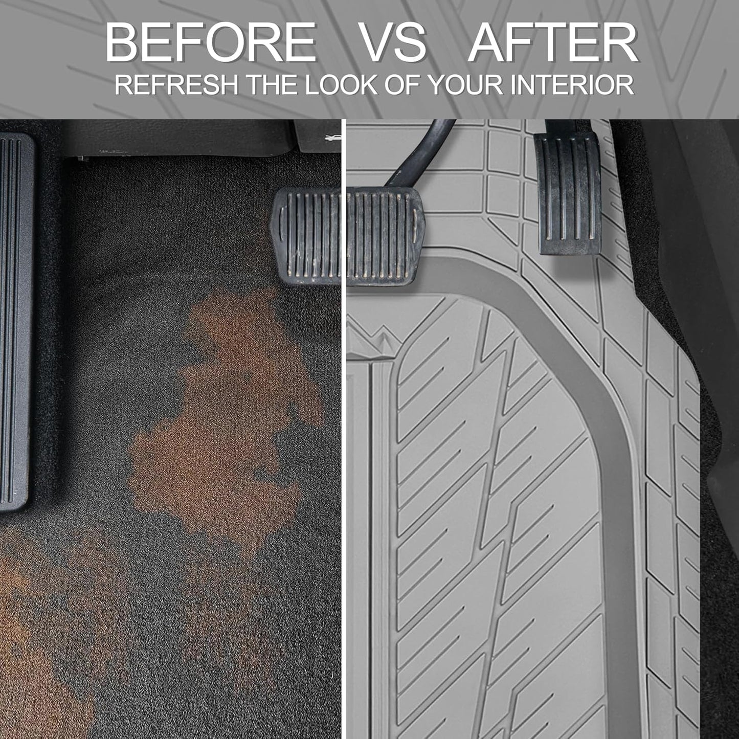 CAR PASS Deep Dish Rubber Floor Mats for Cars Full Set,Heavy Duty Car Mats,Universal Waterproof Trim-to Fit Automotive Floor Mats for Truck Van SUV, Durable All-Weather Car Mats 3-Piece (Light Gray)