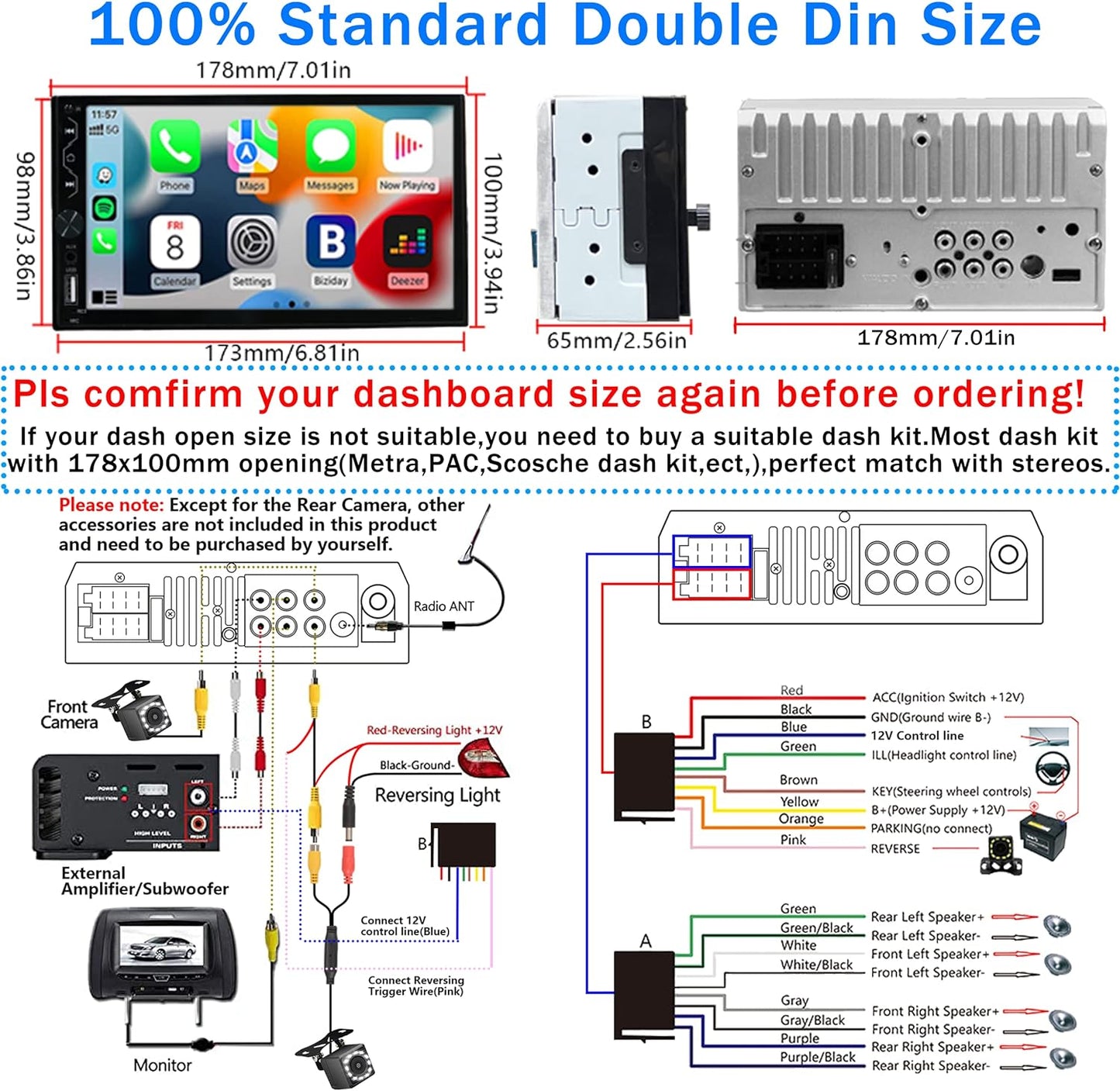 Double Din Car Stereo with Wireless Carplay and Wireless Android Auto,7 Inch Full HD Touchscreen Car Stereo Receivers Support Mirror Link,Bluetooth, Backup Camera,Steering Wheel,FM/USB/AUX/Subwoofer