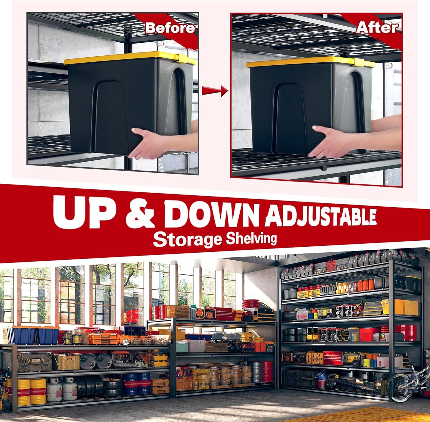 REIBII 60" W Garage Shelving, 2900LBS Storage Shelves, 6 Tier Heavy Duty Shelving, Adjustable Metal Shelving Units and Storage Rack for Warehouse, Pantry, Basement, 60" W x 84" Hx 24" D