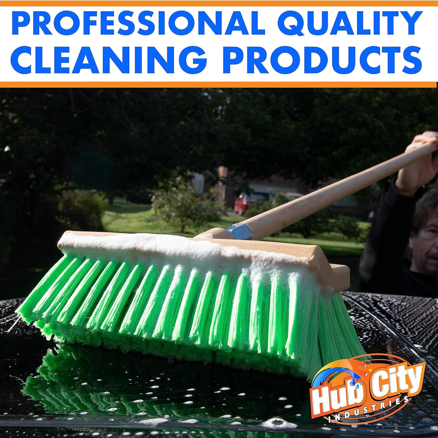 Hub City Industry 10- inch Car Wash Brush, Bi- Level Brush, Soft Nylon Bristle, car Accessories, Cleaning Supplies, Automotive wash Brush,Flagged Green Poly Bristle