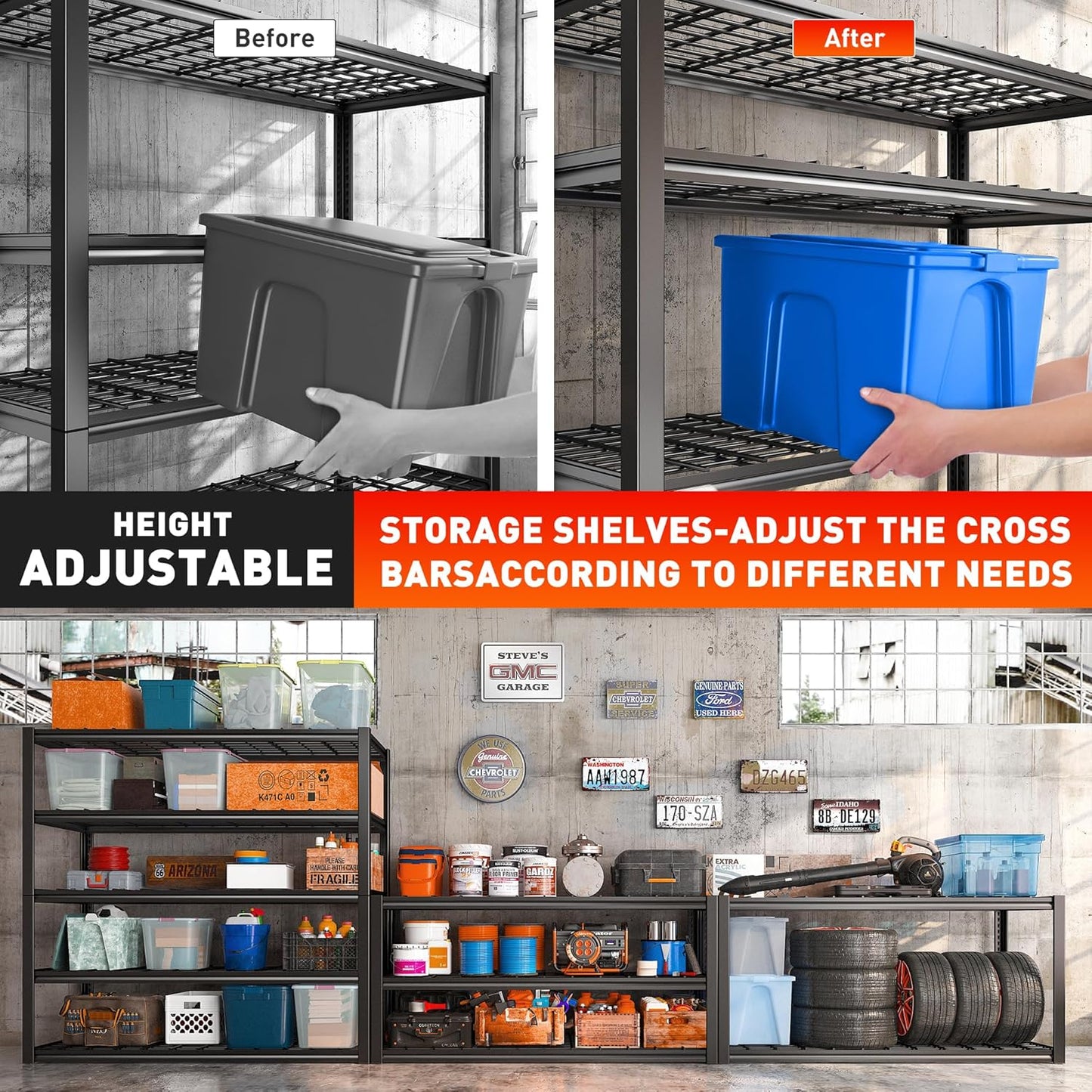 REIBII 48.2''W Garage Shelving Heavy Duty Metal Shelving 3000LBS Storage Shelves Adjustable Metal Shelves Industrial Garage Shelf for Warehouse Basement, 4 Pack