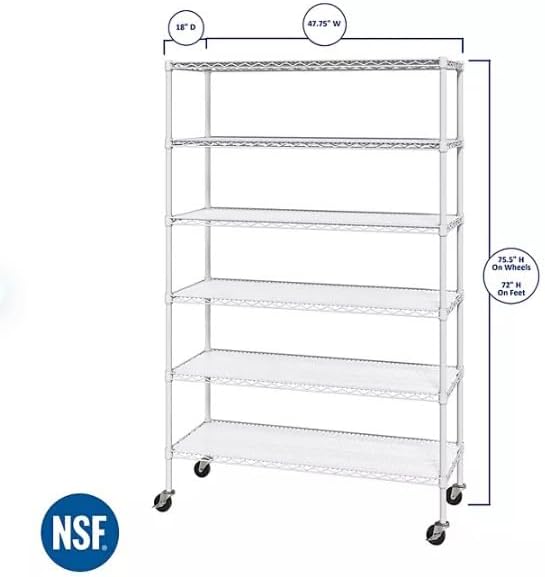 Generic Organize in Style with The Members Mark 6-Tier NSF Heavy Duty Wire Shelving, 47.75"" W x 18"" D x 75.5"" H (White, 2 PACK)