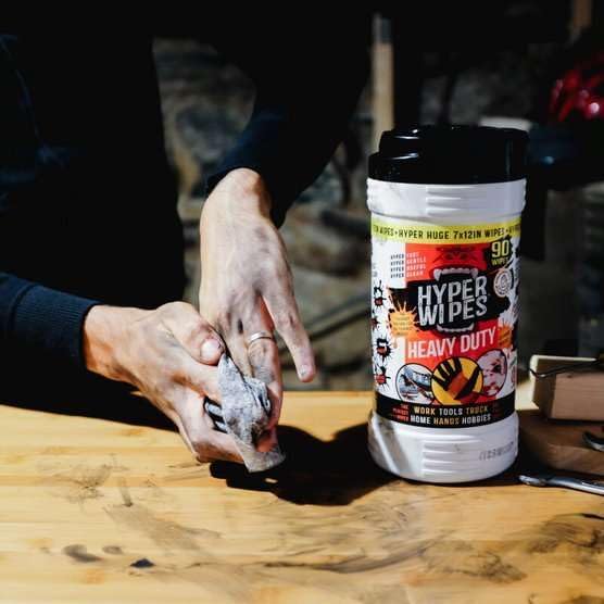 Hyper Wipes, 1 Pack Heavy Duty Hand & Tool Cleaning Wipes, 8"x12" Size Multi-Surface Cleaning Wipes, Degreasing, All Purpose Cleaner, Bathroom, Mechanic, Work Surface Wipes, 90 Count Canister