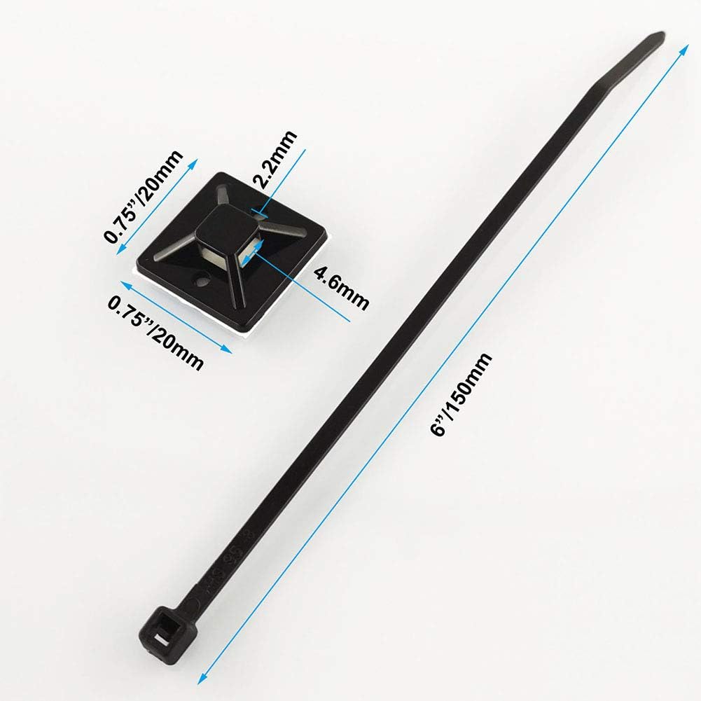 Strong Self Adhesive Wire Clips Cable Zip Tie Mounts 3/4" with 6 Inch Zipties Black UV Protection Outdoor 100 Pcs,Sticky Wire Fasteners Cable Guide Management Mounting Suqare Holder Anchor Base Small