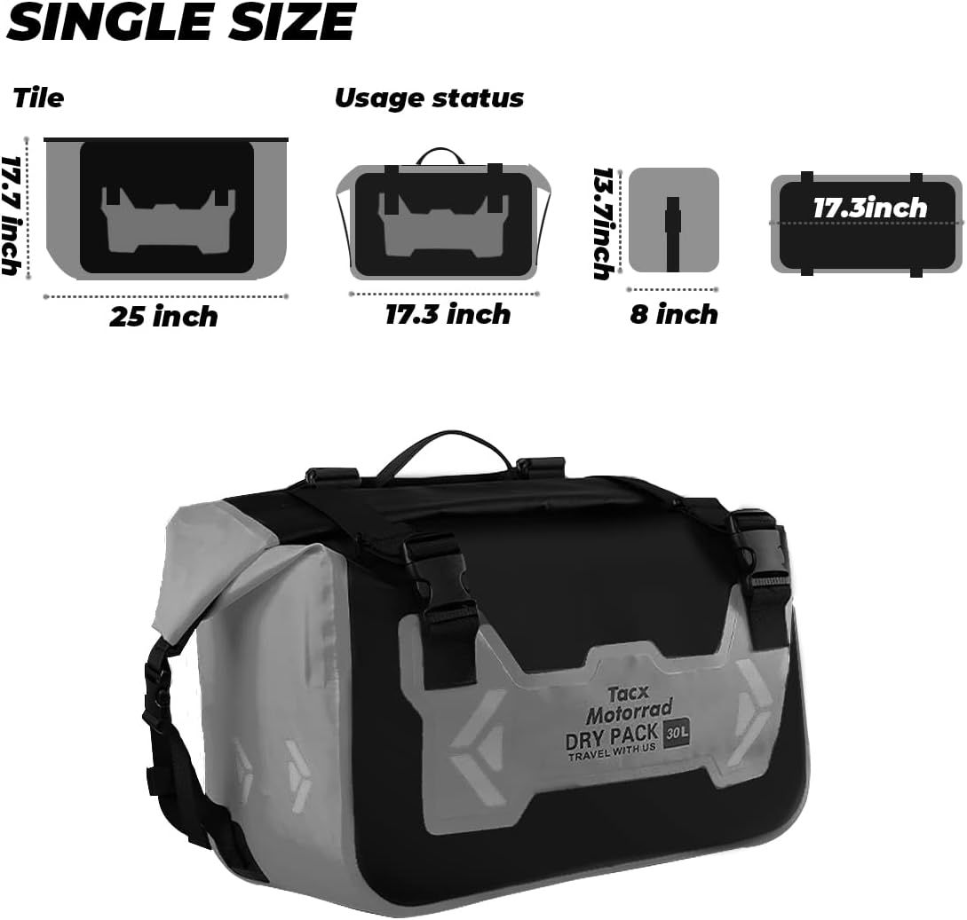 Motorcycle Saddle Bags Tail Bag, 30L Roll-top Waterproof Motor Detachable Side Trunk Bag, Motor Panniers Luggage Bag for Motorcy