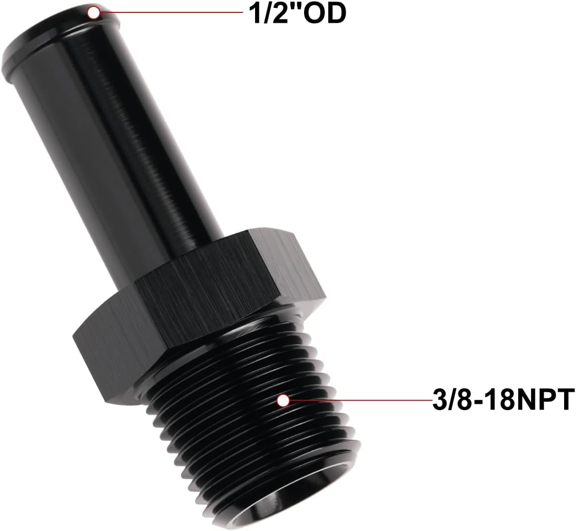 3/8 NPT Male to 1/2" Hose Barb Fitting Adapter Nipple Straight Aluminum Black