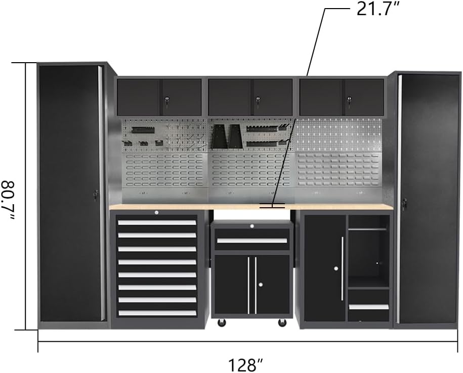 Steel Garage Workbench with Storage and Cabinets, Tool Organization, for Utility Room Workshop, Black and Grey
