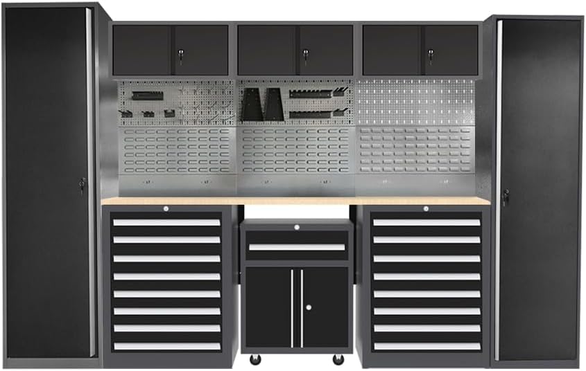 JZD Steel Garage Storage Cabinet System with Workbench, Included One Tool Cart, for Utility Room Workshop