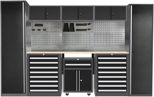 JZD Steel Garage Storage Cabinet System with Workbench, Included One Tool Cart, for Utility Room Workshop