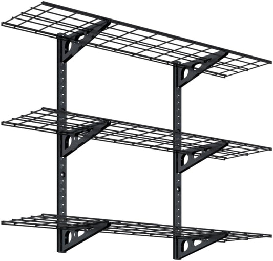 FLEXIMOUNTS 3 Tier 1x4ft Garage Storage Wall Shelving, 12x48inch per Shelf Height Adjustable Floating Shelves, 450lbs Total Weight Capacity, Black