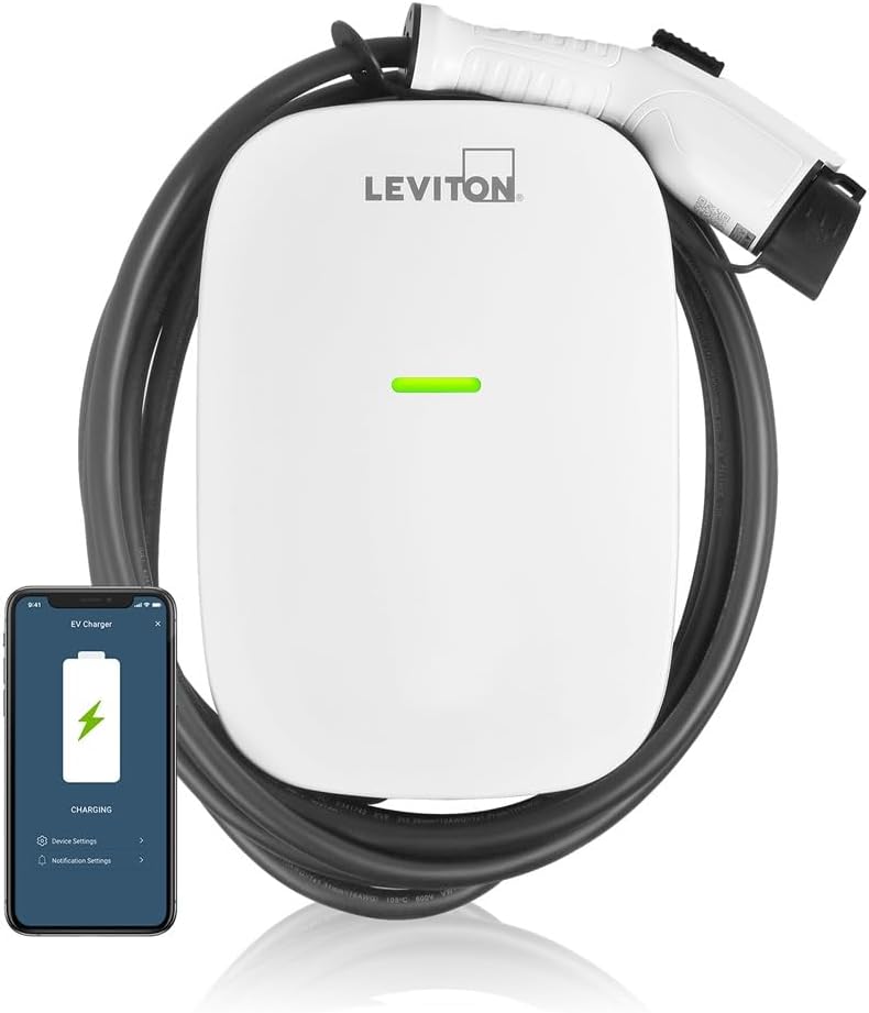 Leviton Level 2 Smart EV Charger with Wi-Fi, 32 Amp, 208/240 VAC, 7.6 kW Output, 18' Cable, Indoor/Outdoor Hardwired EV Charging Station, My Leviton Compatibility, EV32W EVSE