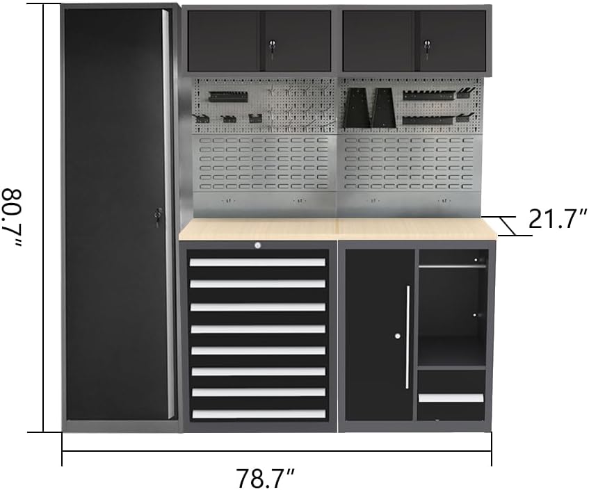 JZD Garage Cabinet System, Tool Storage Cabinets Set with Wooden Tabletop, for Workshop Utility Room