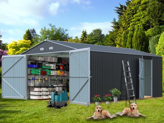 LANTRO JS Sheds & Outdoor Storage, 13x20ft Large Outdoor Metal Garage Shed, Heavy Duty Metal Shed with 2 Doors and 4 Vents Without Floor