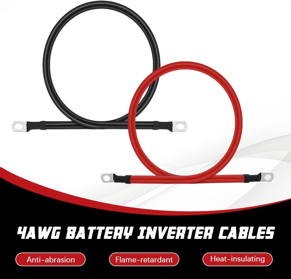 4 AWG Battery Cable 4FT 4 Gauge Pure Copper Battery Inverter Cables with 3/8 in Lugs Both Ends Power Inverter Wire Set for Automotive Solar Power Inverter Marine Boat RV Car Motorcycle (4 FT)