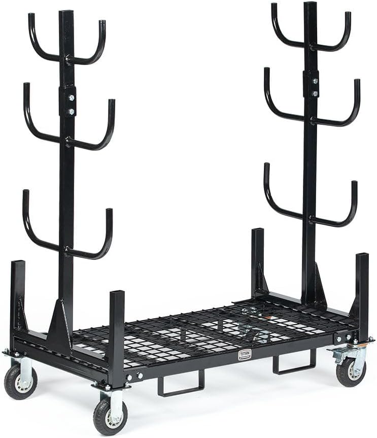 Titan Attachments Mobile Conduit Lumber and Pipe Rack with Eight Bins, Heavy-Duty Rolling Platform Base with Fork Pockets and Locking Caster Wheels, 2,500 LB Capacity, Mobile Roller Dolly