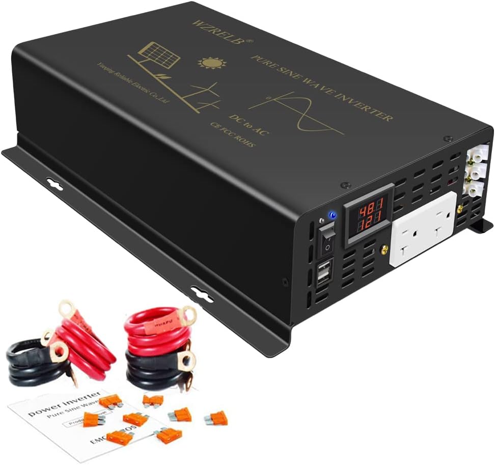 WZRELB 3000W Pure Sine Wave Power Inverter 48VDC to 120VAC 6000W Peak Dual AC Outlets 2× 2.4A USB Port &Hardwire Terminal Off-Grid Solar Converter RV Trucks (U5-300048)