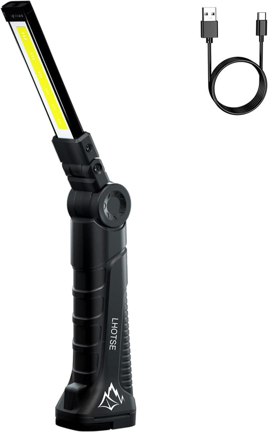 LHOTSE Rechargeable Work Lights, LED Work Light with Magnetic Base and 360° Rotation Stand, 5 Modes COB Bright Flashlights Inspection Light for Car Repair, Home, Garage, Emergency,BBQ,Camping (1pack)