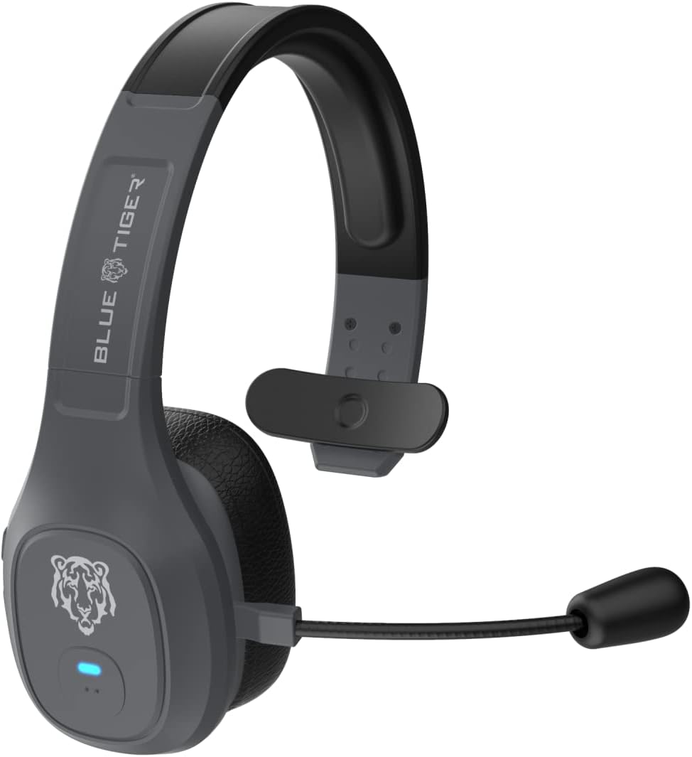 Blue Tiger Storm Gray - Premium Trucker Bluetooth Headset - Wireless Noise Canceling Mono Headset with Mic - High-Fidelity Sound, 30-Hour Talk Time, USB-C Charging - for Truck Drivers, Bluetooth 5.0