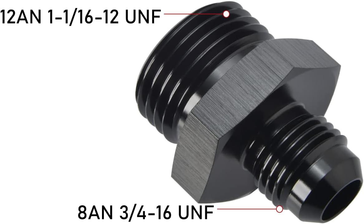 8AN Male Flare to 12AN 12 ORB O-ring Boss Fuel Rail Adapter Fitting Aluminum Black